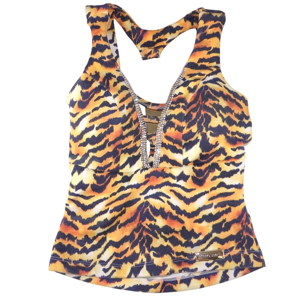 Rare Rhero Jeans Womens Tiger Print Tank Top Rhinestone Gold Hardware Racerback